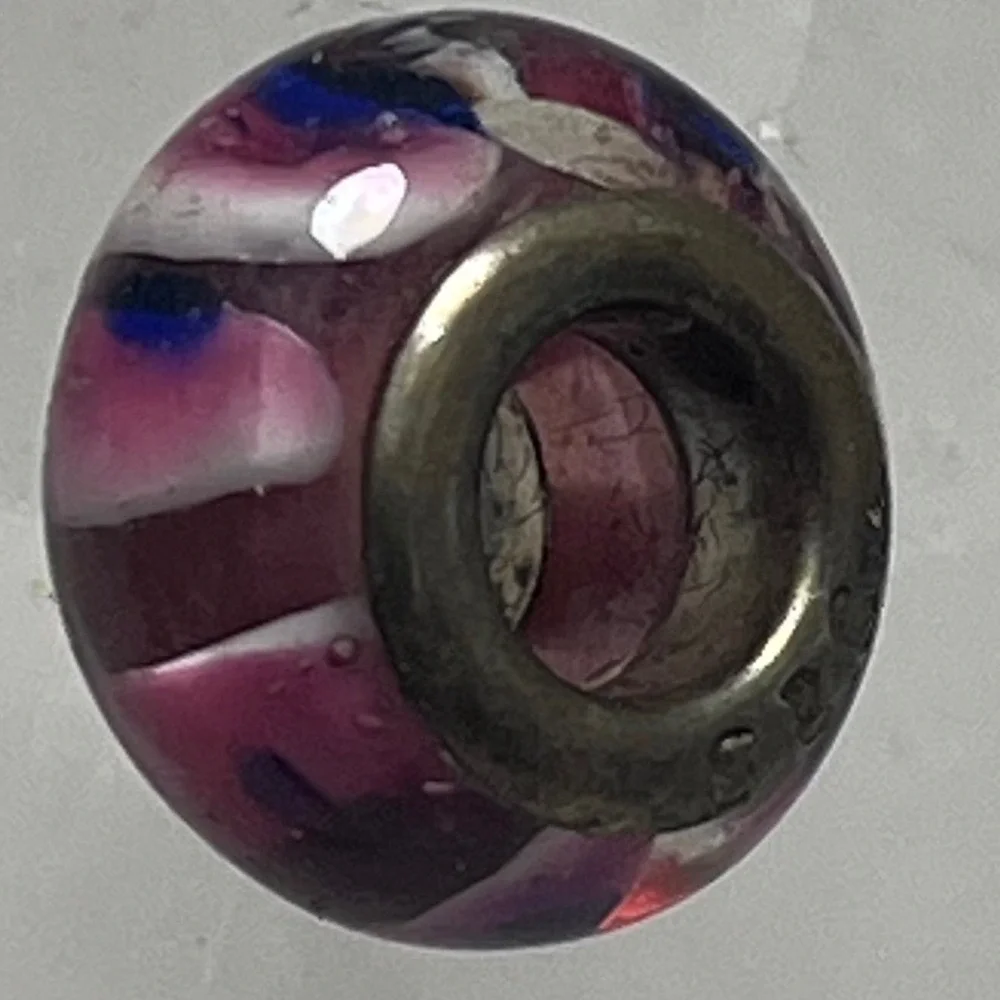 Sterling Glass Bead Lampwork Murano Style Pink White Blue Stripes Charm Necklace